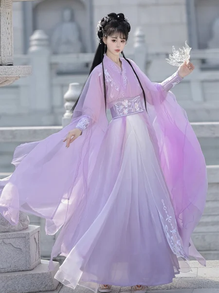 Wei-Jin Wuxia Style Inspired Gradient Embroidered Robe Hanfu Dress