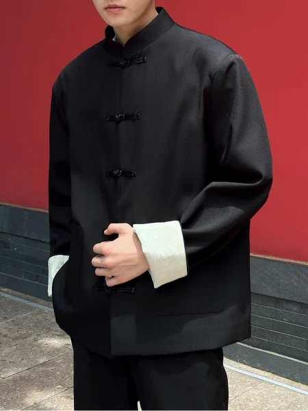 New Chinese Style Black Tang Jacket with Frog Buttons for Men